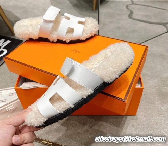 Low Cost Hermes Chypre Shearling and Suede Flat Sandals 092549 White