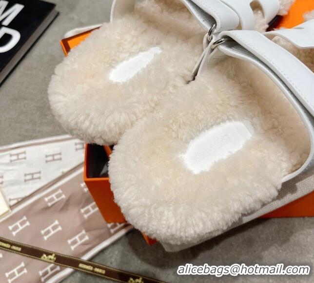 Low Cost Hermes Chypre Shearling and Suede Flat Sandals 092549 White