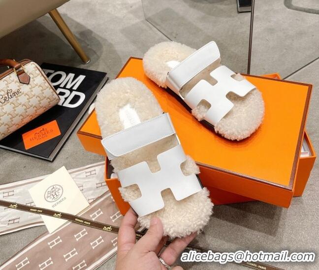 Low Cost Hermes Chypre Shearling and Suede Flat Sandals 092549 White