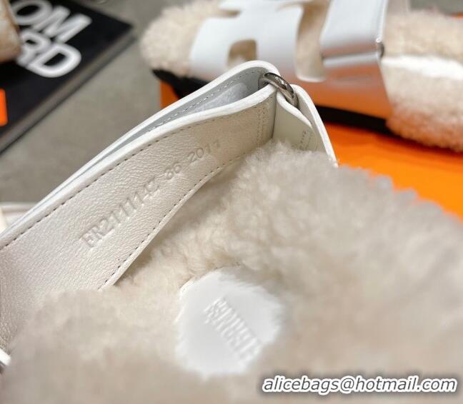 Low Cost Hermes Chypre Shearling and Suede Flat Sandals 092549 White