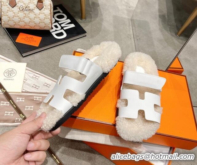 Low Cost Hermes Chypre Shearling and Suede Flat Sandals 092549 White