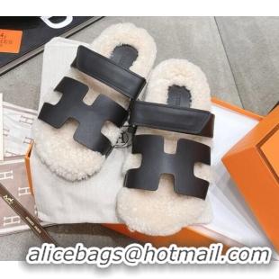 Low Cost Hermes Chypre Shearling and Suede Flat Sandals 092549 Black