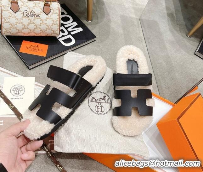 Low Cost Hermes Chypre Shearling and Suede Flat Sandals 092549 Black