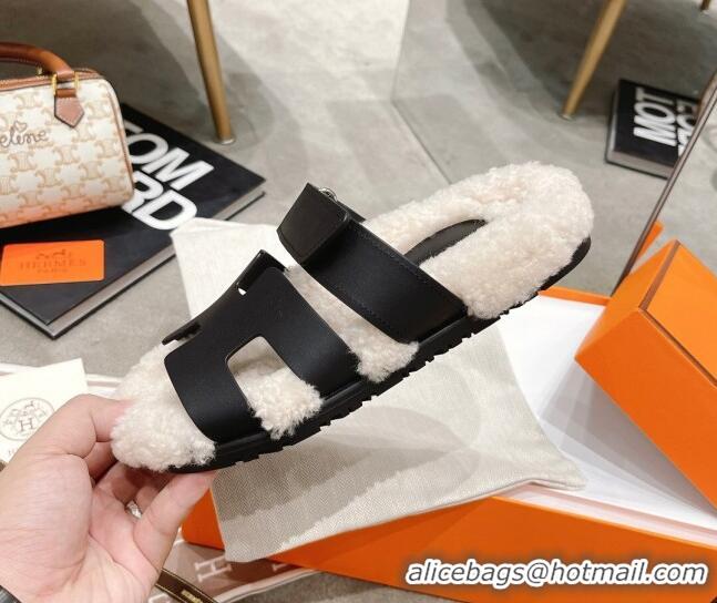 Low Cost Hermes Chypre Shearling and Suede Flat Sandals 092549 Black