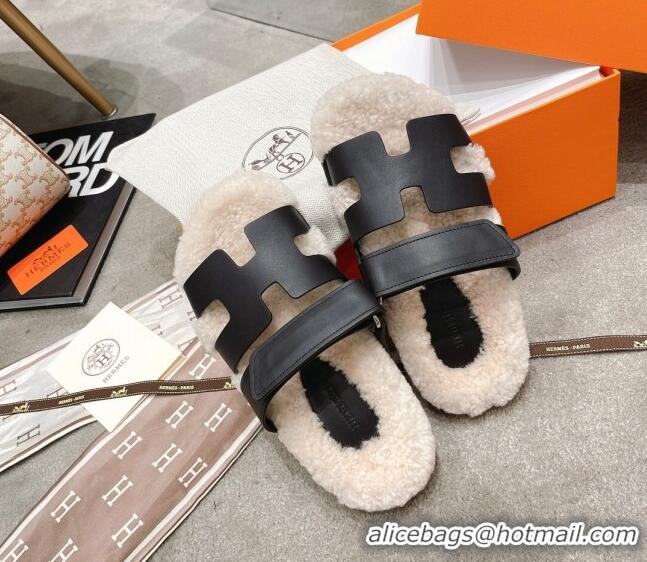 Low Cost Hermes Chypre Shearling and Suede Flat Sandals 092549 Black