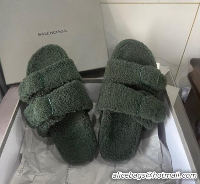 Top Quality Balenciaga Shearling Slide Sandals 111238 Green