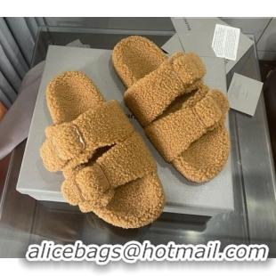 Good Quality Balenciaga Shearling Slide Sandals 111238 Brown