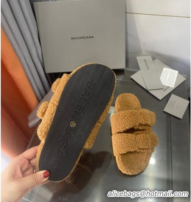 Good Quality Balenciaga Shearling Slide Sandals 111238 Brown