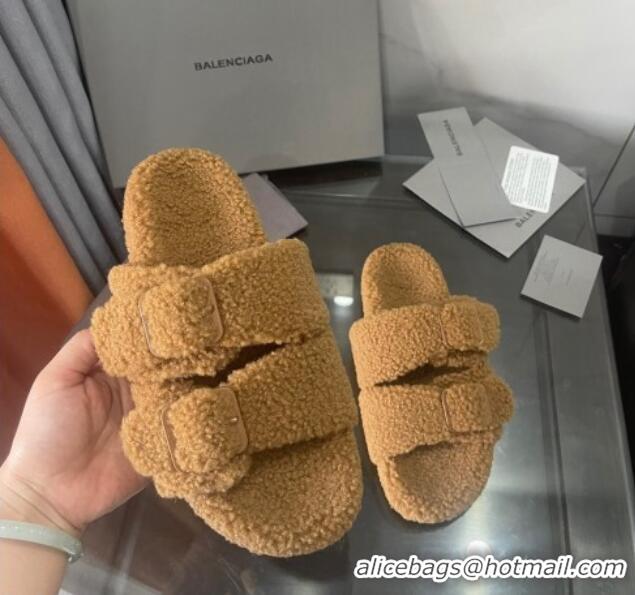 Good Quality Balenciaga Shearling Slide Sandals 111238 Brown