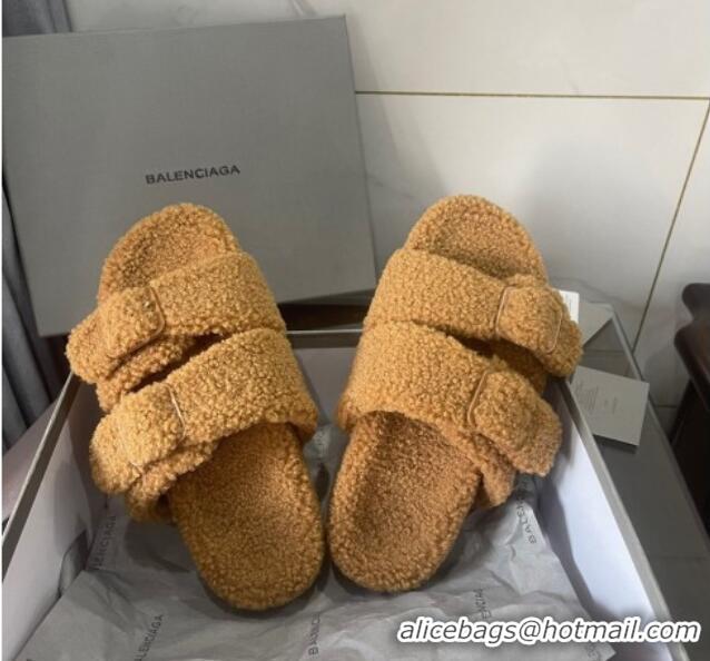 Good Quality Balenciaga Shearling Slide Sandals 111238 Brown