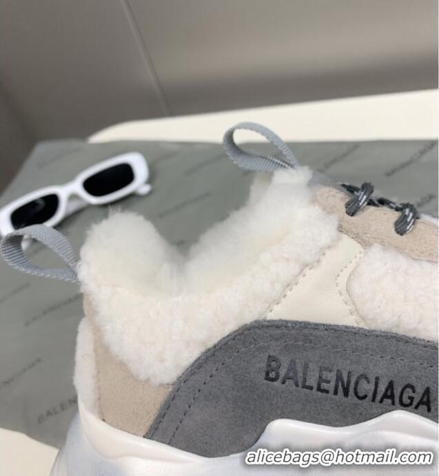 Discount Balenciaga Triple S Shearling and Suede Sneakers White/Grey 112001