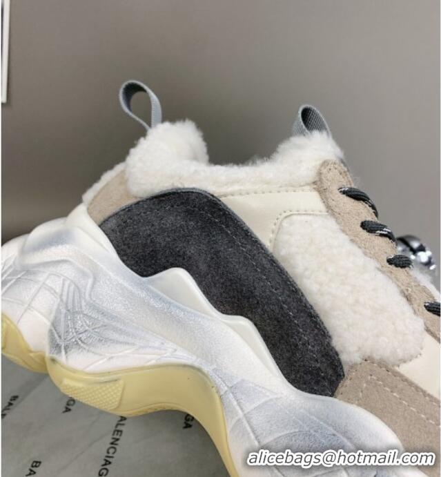 Discount Balenciaga Triple S Shearling and Suede Sneakers White/Grey 112001