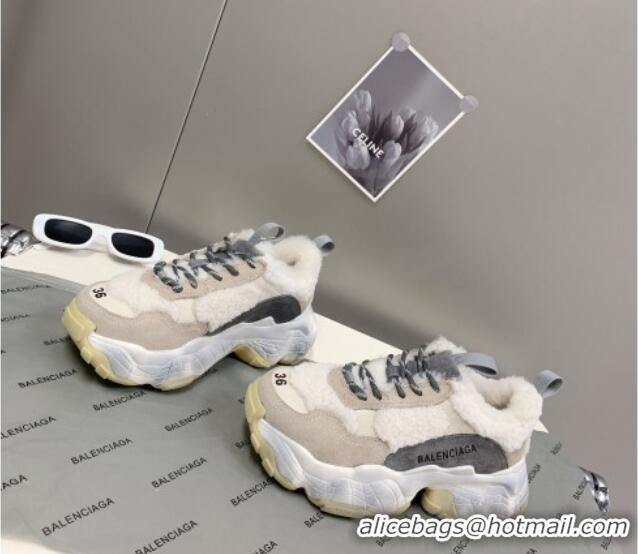 Discount Balenciaga Triple S Shearling and Suede Sneakers White/Grey 112001