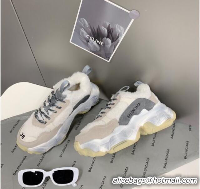 Discount Balenciaga Triple S Shearling and Suede Sneakers White/Grey 112001