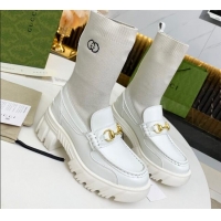 Perfect Gucci Calfskin Knit Ankle Boots with Horsebit 092501 White 2021