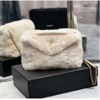 Discount Yves Saint Laurent PUFFER BAG IN MERINO SHEARLING AND LAMBSKIN Y597476 white