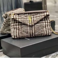 Super Quality Yves Saint Laurent PUFFER SMALL BAG IN CHECKED TWEED AND LAMBSKIN Y597476 BEIGE