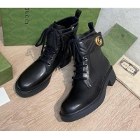 Discount Gucci Leather Ankle boot with Double G 092514 Black/Gold