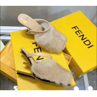 New Arrivals Fendi First Mink Fur F High Heel Sandals 8cm 092439 Beige