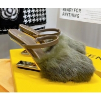 New Style Fendi First Rabbit Fur F High Heel Sandals 8cm 092441 Green