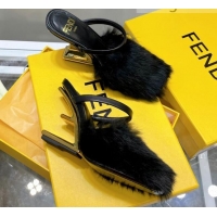 Top Quality Fendi First Rabbit Fur F High Heel Sandals 8cm 092442 Black