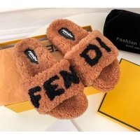 Best Quality Fendi Logo Shearling Flat Slide Sandals 092443 Brown