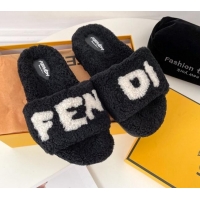 Best Price Fendi Logo Shearling Flat Slide Sandals 092443 Black