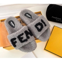 Luxury Fendi Logo Shearling Flat Slide Sandals 092446 Grey