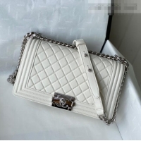 Top Quality Chanel Grained Calfskin Medium Boy Flap Bag A67086 White/Silver 2021