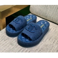 Super Quality Chanel Towel Platform Flat Slide Sandals G36901 Navy Blue