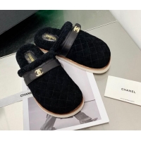 New Design Chanel Suede and Shearling Flat Mules 4.5cm 092351 Black