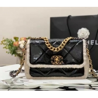 New Discount Chanel Flap 19 Patent Leather Medium 21B Shearling Wool Shoulder Bag 507835 Black