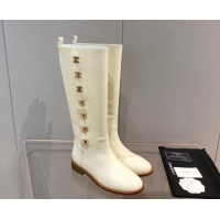 Charming Chanel Calfskin CC Button High Boots 092401 White