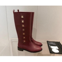 Most Popular Chanel Calfskin CC Button High Boots 092401 Burgundy