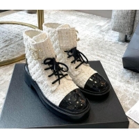 Discount Chanel Tweed Lace-ups Ankle Boots G36424 White