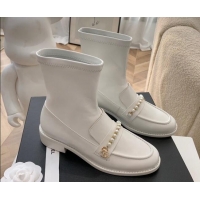 Top Design Chanel Leather Pearl Ankle Boots 092709 White