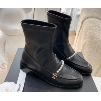 Popular Chanel Leather Pearl Ankle Boots 092709 Black