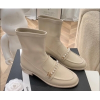 Discount Chanel Leather Pearl Ankle Boots 092709 Apricot