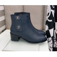 Top Quality Chanel Calfskin Ankle Short Boots 4.5cm with CC Buckle 111139 Navy Blue