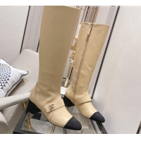 Best Design Chanel Calfskin CC Buckle High Boots 5cm 111159 Beige