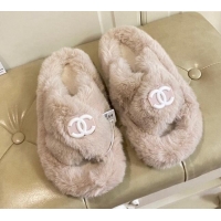 Duplicate Chanel Fur Thong Flat Slide Sandals Beige 111188