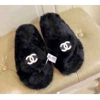 Duplicate Chanel Fur Thong Flat Slide Sandals 111188 Black