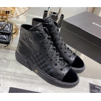 Unique Style Chanel Leather High-Top Sneakers 111715 Black