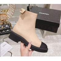 Low Cost Chanel Calfskin Logo Back Ankle Boots 111721 Beige