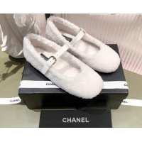 Top Quality Chanel Shearling Mary Janes Flats 112221 White