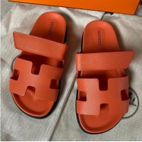 High Quality Hermes Chypre Leather Flat Sandals H8951 Orange