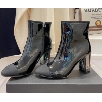 Good Quality Chanel Patent Leather & Grosgrain Ankle Boots 112244 Black/Silver