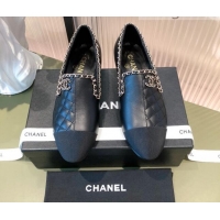 New Style Chanel Chain Leather & Grosgrain Asymmetric Loafers 112252 Black