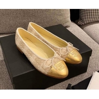 Good Quality Chanel Tweed & Leather Ballerinas 112280 Beige/Gold