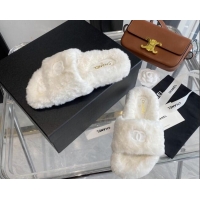 Best Design Chanel Fur CC Flat Slide Sandals White 112299